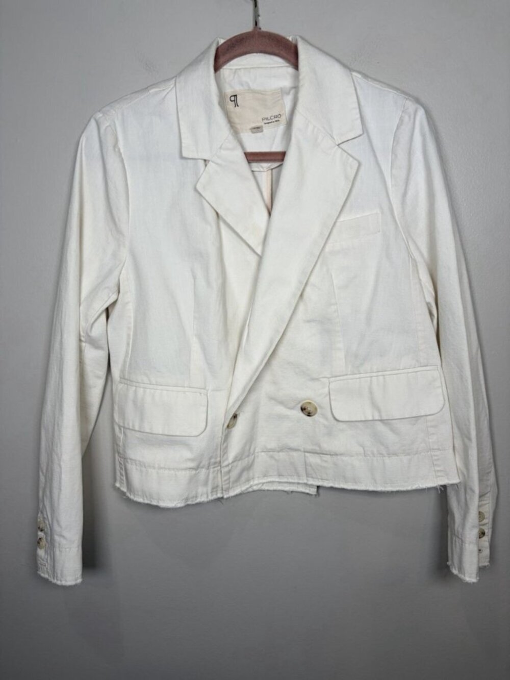 Anthropologie Pilcro Fray Hem Blazer Size 8 Ivory Double-Breasted Oversize - Picture 2 of 9